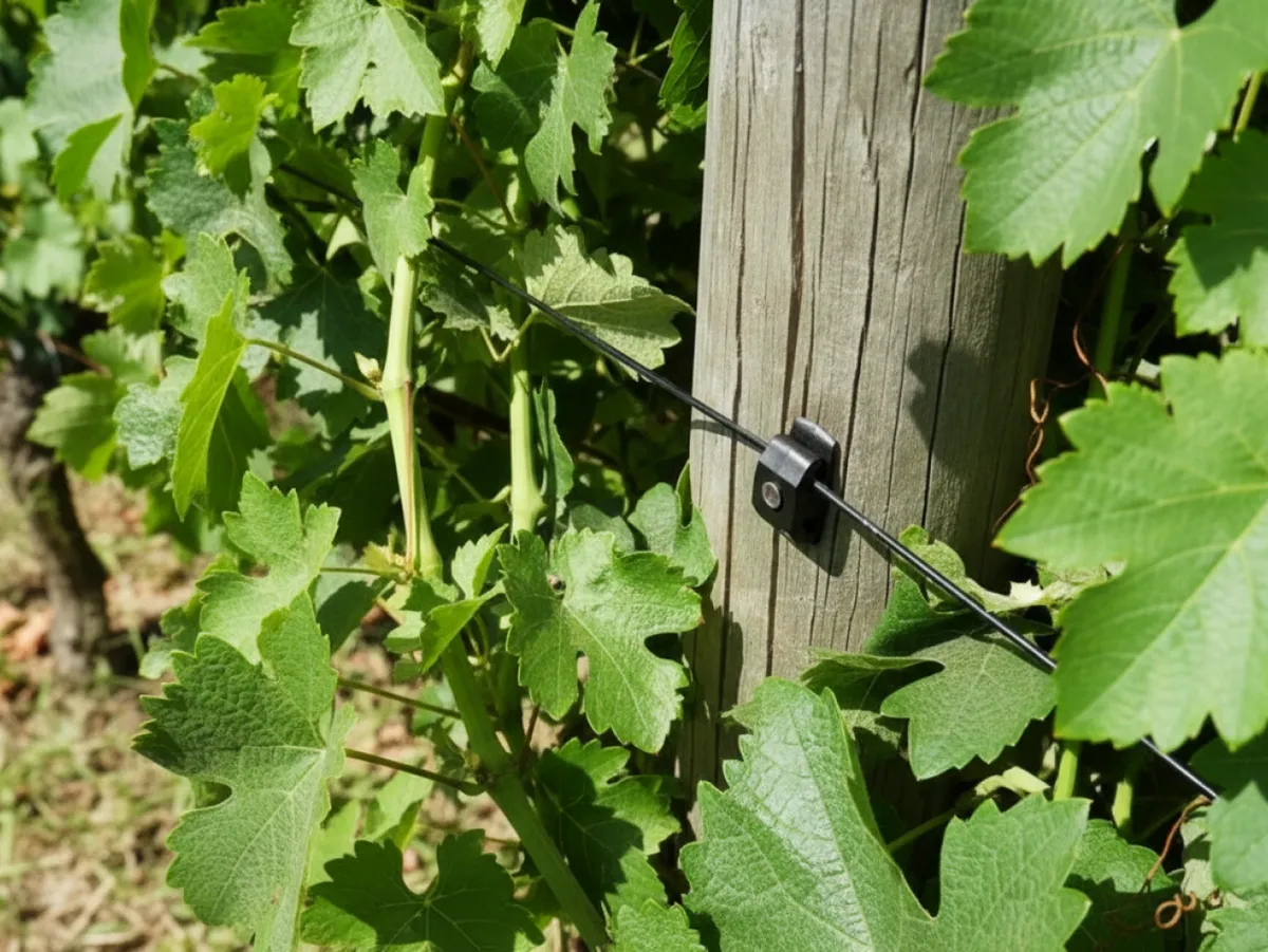 Befestigungsclip, der den AGROPET®-Polyesterdraht an einem Weinbau-Spalierpfosten hält