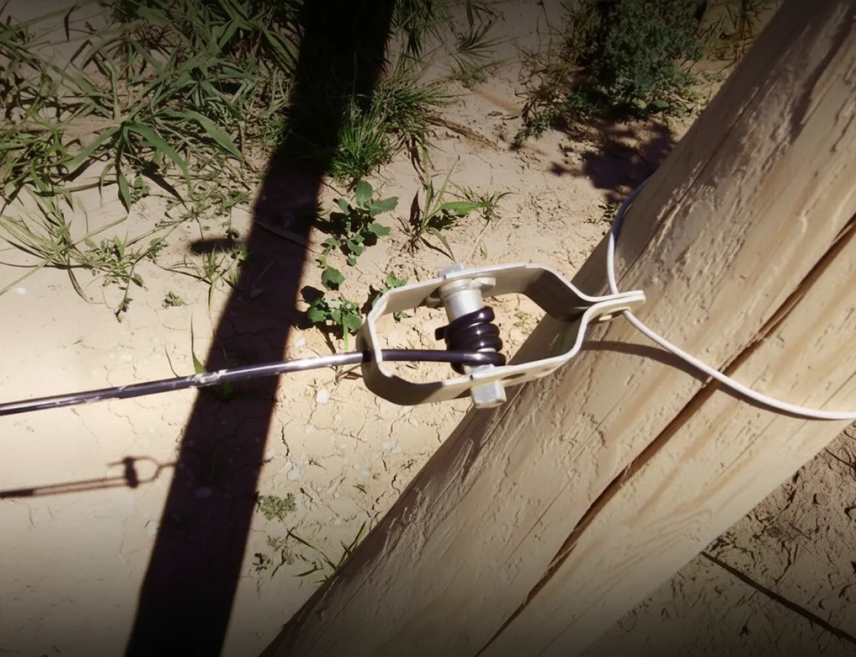 Tensor metálico fijando el hilo de poliéster a un poste de madera